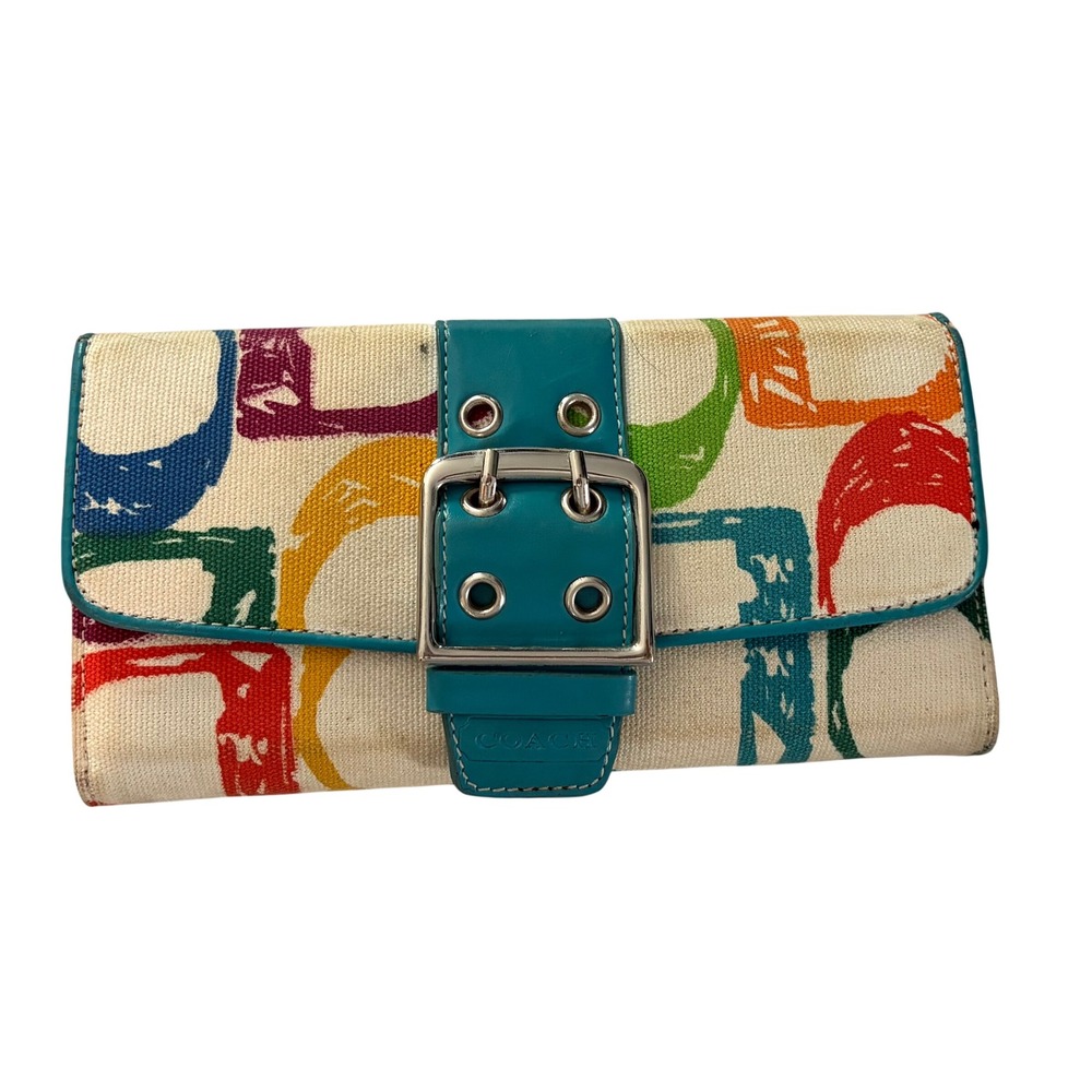 Coach Scribble Multi Color C Logo Canvas Trifold Wallet Teal Leather Trim Buckle